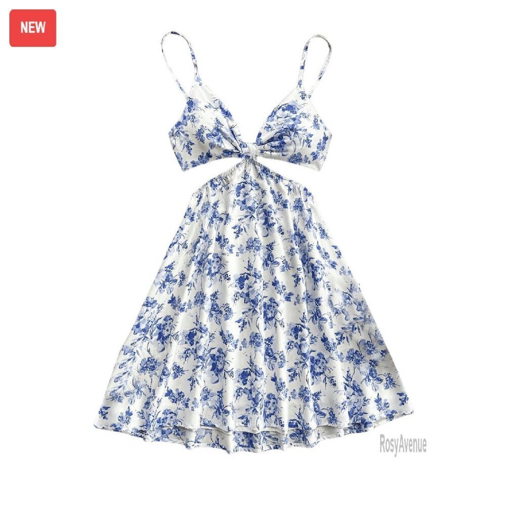 Floral Cut Out V Neck Cami Dress Boho Tie Back Midi Summer